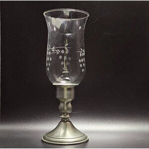 Leonard Colonial Hurricane Candlestick Holder 10" Etched Glass Pewter Base vtg 8